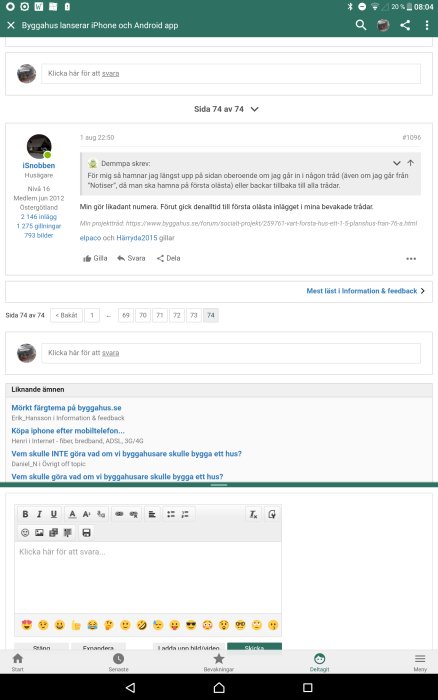 Skärmdump av forumtråd där svarsrutan och "Skicka"-knappen överlappar forumets grå snabbmeny.