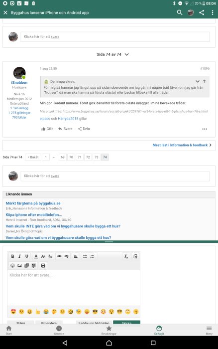 Skärmdump av en diskussionstråd på Bygghus forum på en Sony Tablet Z4, visar gränssnitt och inlägg.