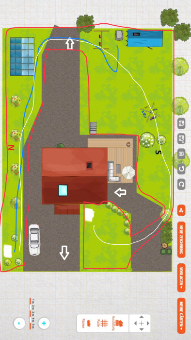 Illustration av en trädgårdsplan med ett hus, gräsmatta och guidelinjer för placering av robotgräsklipparens laddstation.