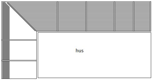 Skiss av en altan med rutmönster och friser, intill en markering för ett hus.