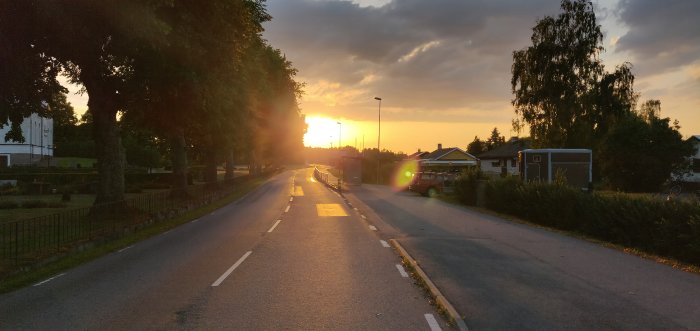 Solnedgång över en lugn gata i Mogata med träd och hus i silhuett mot kvällshimlen.