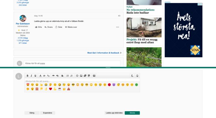 Skärmdump av forumtråd med svarsfält och användargränssnitt på bygg- och renoveringsforum.