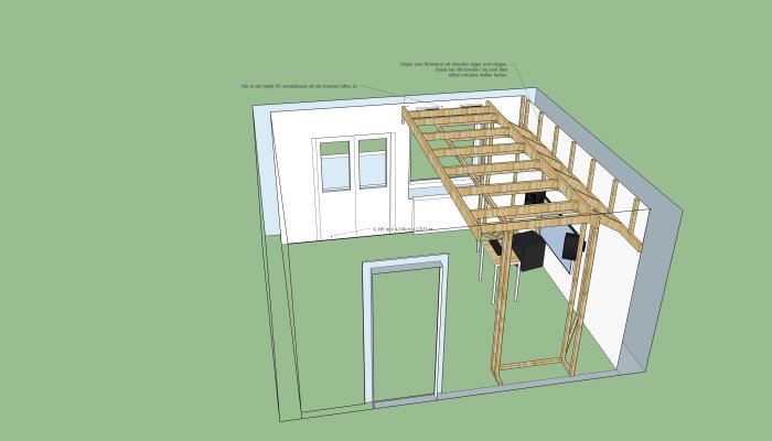 3D-modell som visar en väggkonstruktion med reglar och luftspalt för ventilation bakom stenullsisolering.