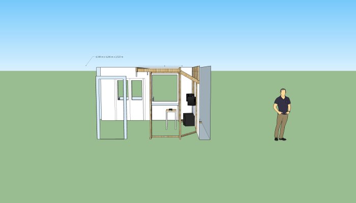 3D-ritning av en byggkonstruktion med mått och en person stående bredvid.