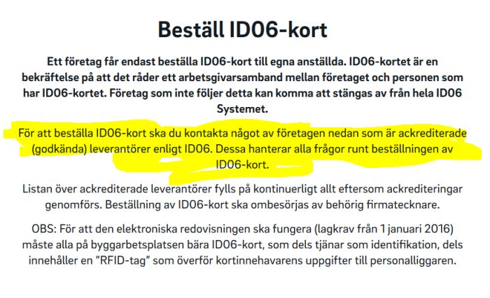 Informationsdokument om beställning av ID06-kort, markerad text om ackrediterade leverantörer.