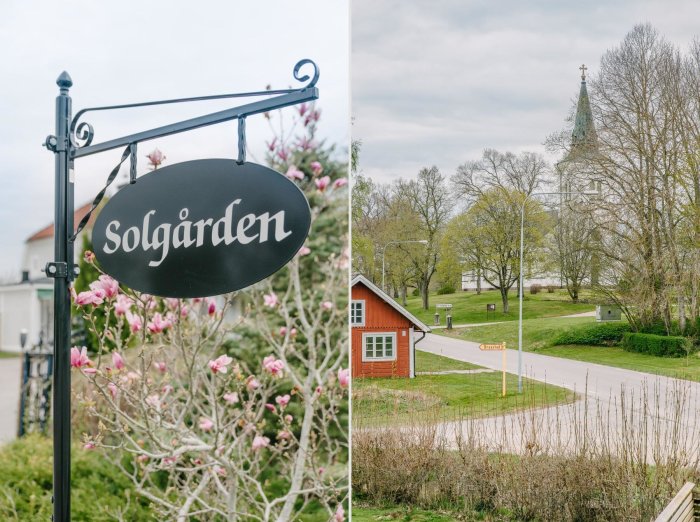 Skylt med texten "Solgården" och vy över en landsbygd med kyrka och röd stuga.