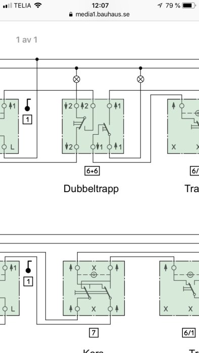 Elkopplingsdiagram för olika typer av väggströmbrytare inklusive dubbeltrapp och korstrapp.