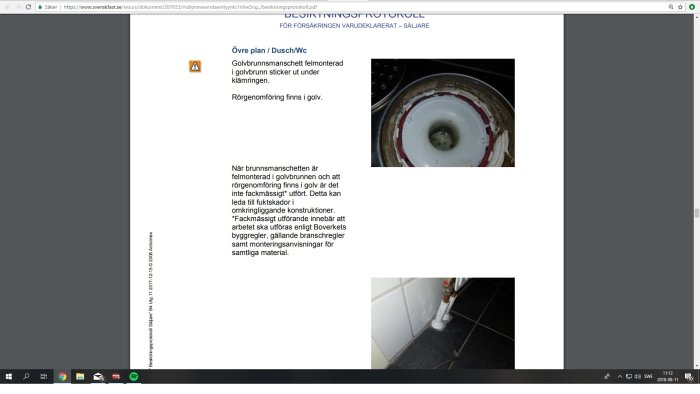 Bild av brunn i golv med felmonterad manschett och text från besiktningsprotokoll som pekar på icke fackmässigt utförande.