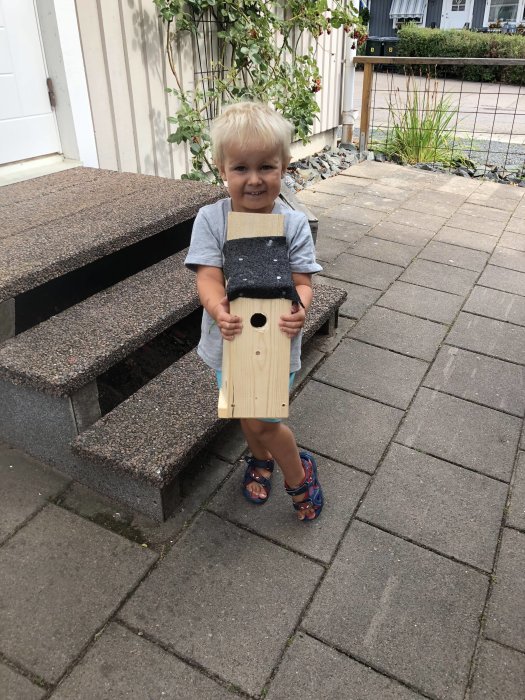 Leende barn håller en hemmagjord fågelholk av trä utomhus.