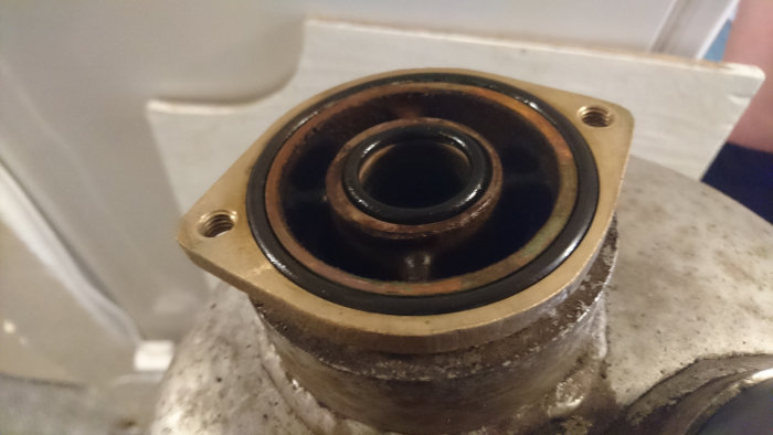 Närbild på rengjort vattenfilter ventilhus med synliga o-ringar och rena ytor.