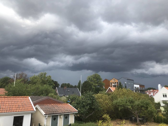 Mörka moln över ett bostadsområde indikerar att en storm är på väg.