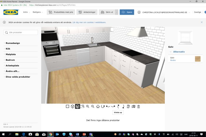 3D-modell av ett IKEA-kök med vasken placerad till höger, vita skåp och svart bänkskiva.