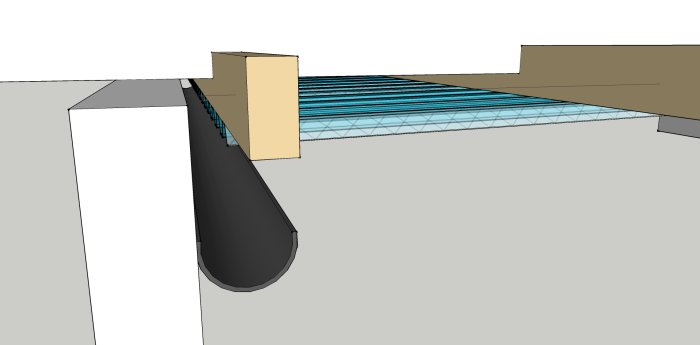 3D-modell av balkong med reglar och lutande korrigerat plasttak samt monterat stuprör.