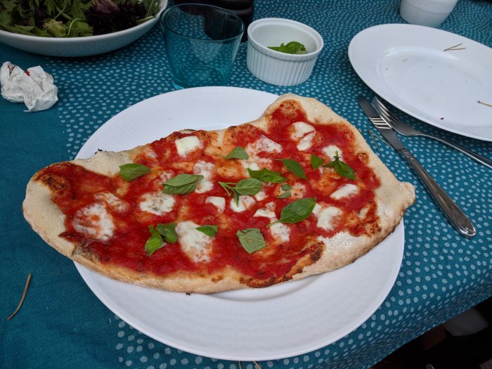 Hemlagad pizza med ost och basilika på en vit tallrik ovanpå ett blått dukat bord.