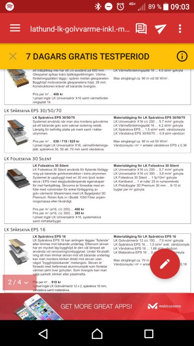 Skärmdump av en webbsida med olika LK golvvärmesystem och tillbehör med beskrivningar och priser.