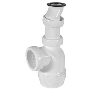 Vit excentrisk pungvattenlås från Faluplast avsedd för avlopp.