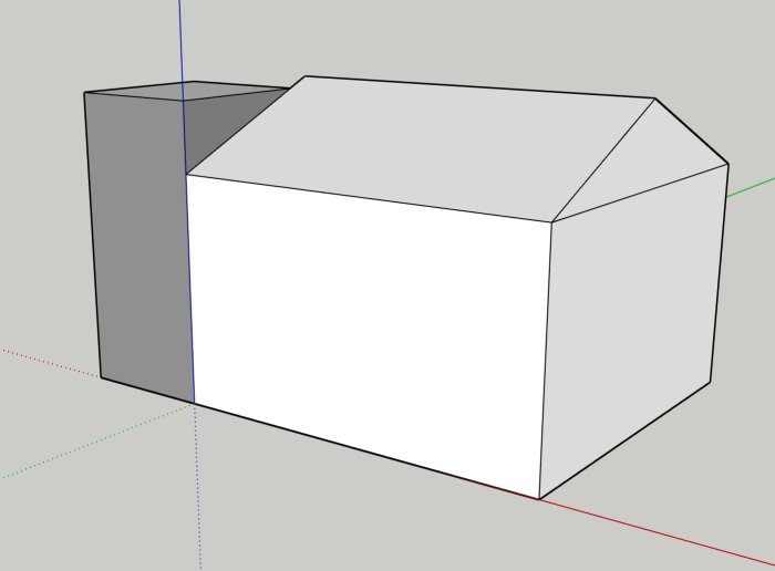 3D-modell av en potentiell Attefallstillbyggnad i två plan intill ett hus.