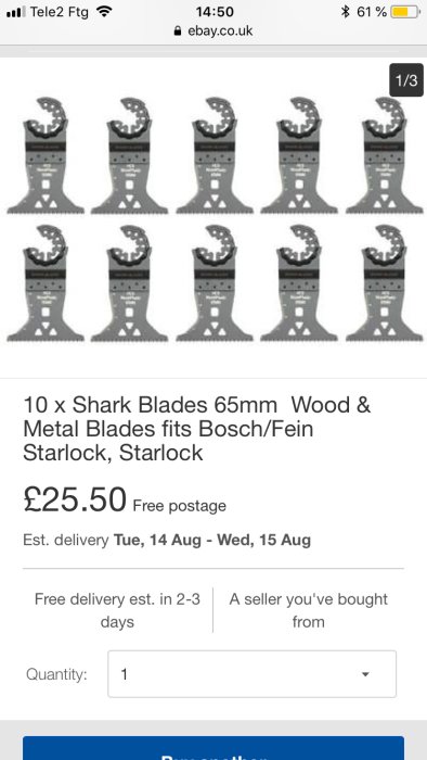 Tiopack Shark Blades starlock-blad på skärmvisning från eBay för trä och metallbearbetning.