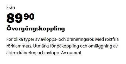 Information om en övergångskoppling för avlopps- och dräneringsrör med pris och beskrivning av användningsområden.