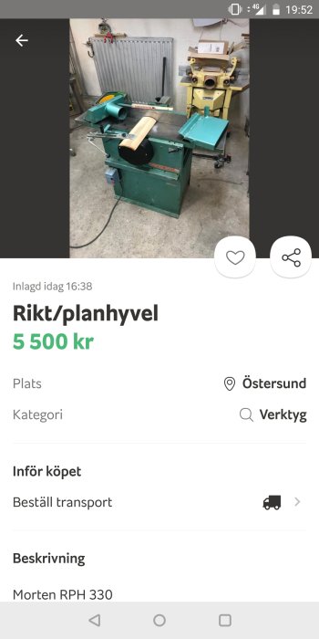 Rikt/planhyvel Morten RPH 330 i en verkstad, prislapp 5500 kr.