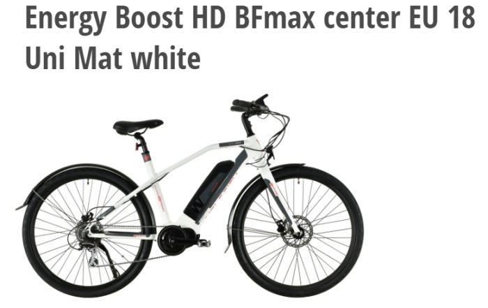 Vit elcykel modell "Energy Boost HD BFmax center EU 18 Uni Mat white" på neutral bakgrund.