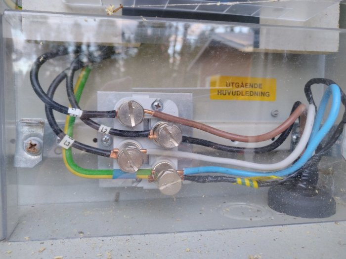 Elektrisk fördelningslåda med oplomberat utrymme och synlig PEN-ledare.