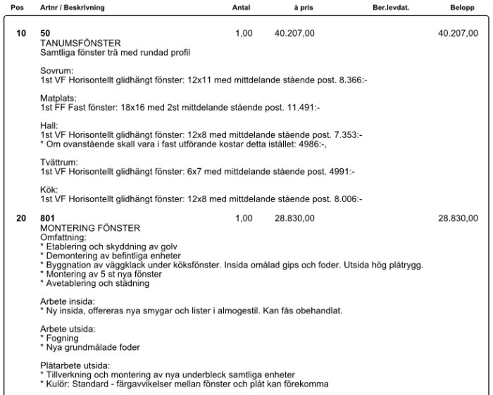 Offert för byte av Tanumsfönster och montagetjänster listande fönstertyper med storlekar och kostnader för varje, samt montagekostnad på 28,830 kr.