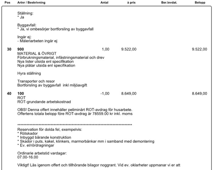 Offertdokument för byggprojekt med detaljerad kostnadsuppställning för material och ROT-avdrag.