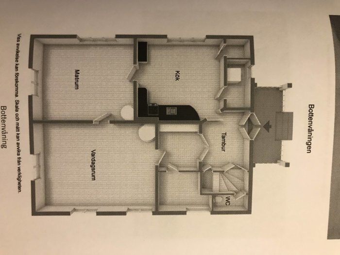 Planritning av en våning i ett hus med markerad placering för badrum, inklusive kök, matsal och sovrum.