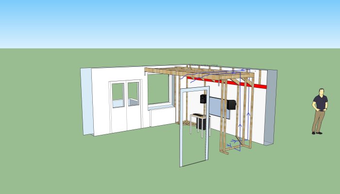 3D-modellerad öppen väggstruktur med blå pilar som visar luftflöde och röd regel, samt en figur som står till höger.