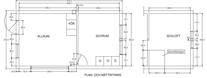 Planritning talosta, jossa allrum, keittiö, makuuhuone ja parvi. Makuuhuoneen lattia 60 cm allrumia alempana, parven lattia 165 cm ylempänä.
