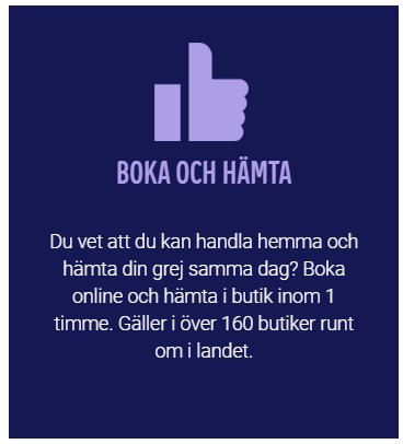 Reklambild för tjänsten "Boka och hämta" med en tumme upp-symbol och information om att hämta produkter samma dag.