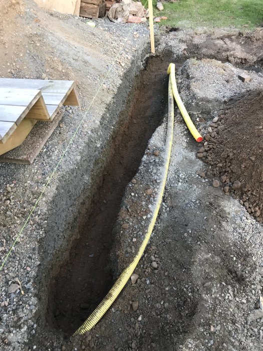 Grävd grund för stödmur med gula rör och markeringssnören på en byggplats.