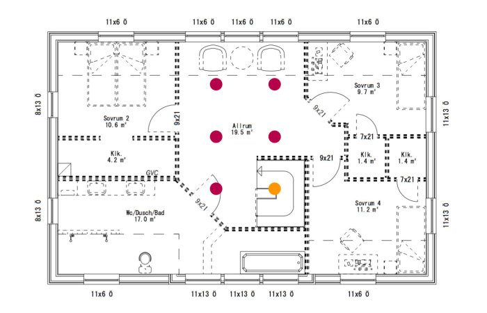 Ritning av husplan med markerade rosa prickar för spots och en orange prick för taklampa.