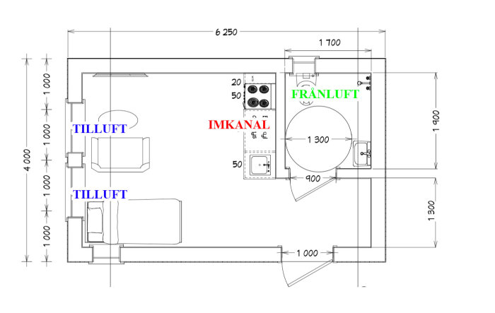 Ritning av ventilationssystem med imkanal, tilluft och frånluftritningar markerade i en byggnad.