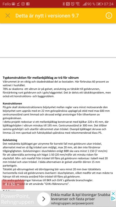 Skärmdump av broschyr om byggkonstruktion för våtrum, text om bjälklag och golvlutning.