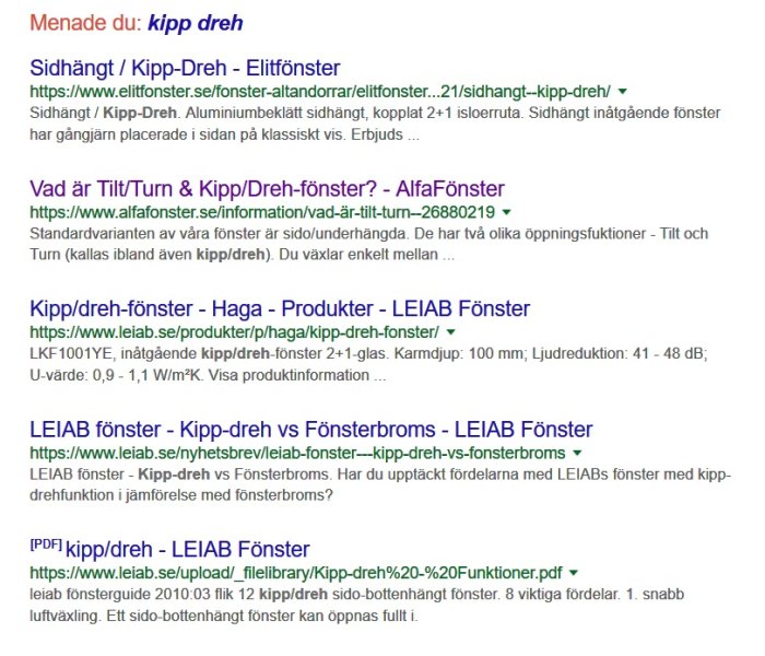 Skärmdump av en webbsökning med flera träffar angående 'kipp dreh' fönster.