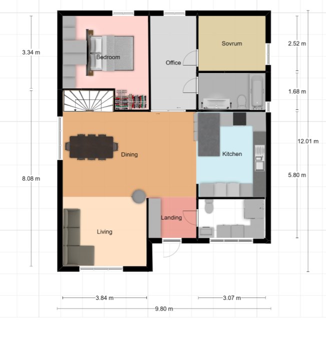 Planritning av ett hem med sovrum, kontor, vardagsrum, kök, matplats och två gästrum.