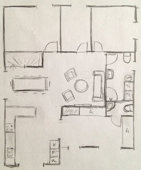 Handritad skiss av ett bostadsplan med markerade rum för kök, matsal, vardagsrum, sovrum och badrum.