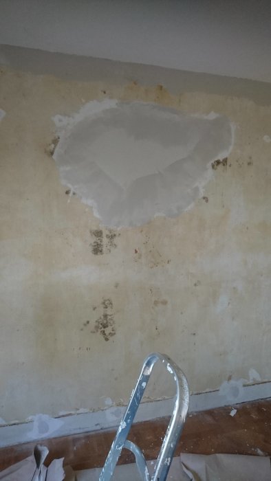 Vägg med borttaget tapetlager, synligt puts och svarta mögelfläckar nära murstock och fönster.