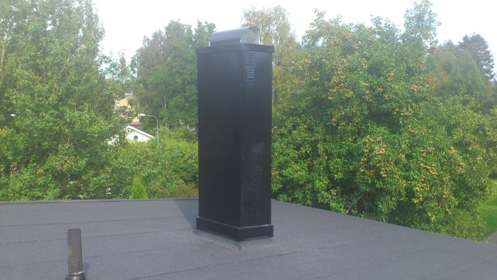 Ett svart tak med en skorsten och bakgrund av gröna träd.