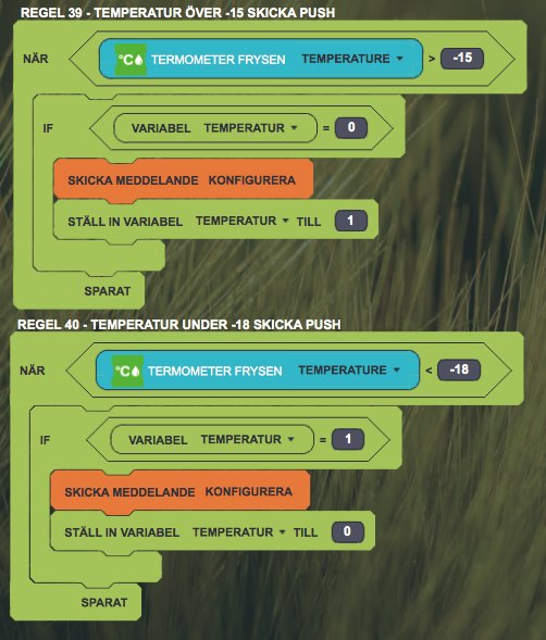 Skärmdump av två regler för temperaturnotifikationer med variabler, en för över -15 grader och en för under -18 grader.