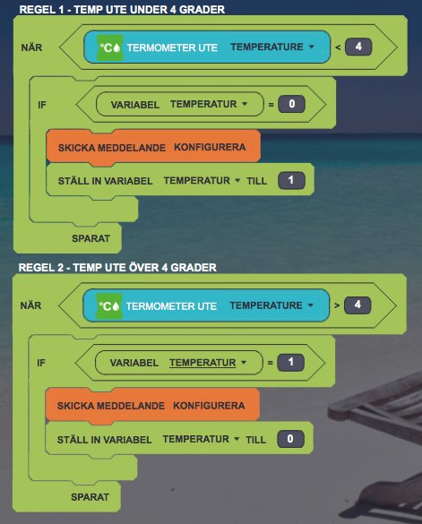 Skärmdump som visar två programmeringsregler för temperaturstyrning med block av kod och variabler.