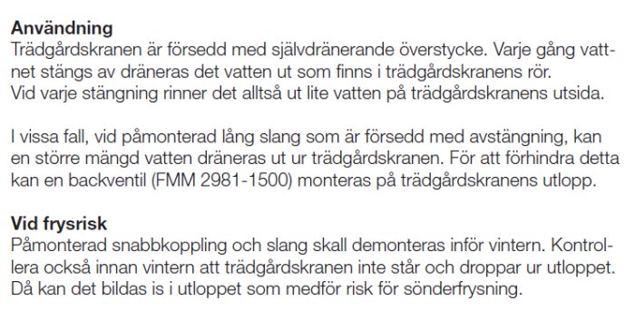 Skärmdump av en text som förklarar användningen av en självdränerande trädgårdskran och instruktioner för att undvika frostskador.