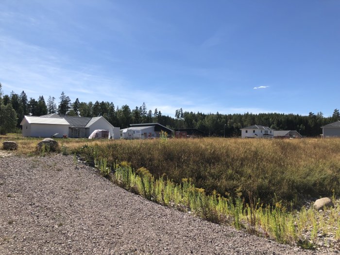 Nybyggt bostadsområde med flera hus och en obrukad grusgång i förgrunden under en klarblå himmel.