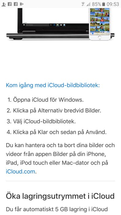 Skärmdump med guide för iCloud-bildbibliotek på iPhone, steg-för-steg instruktioner.