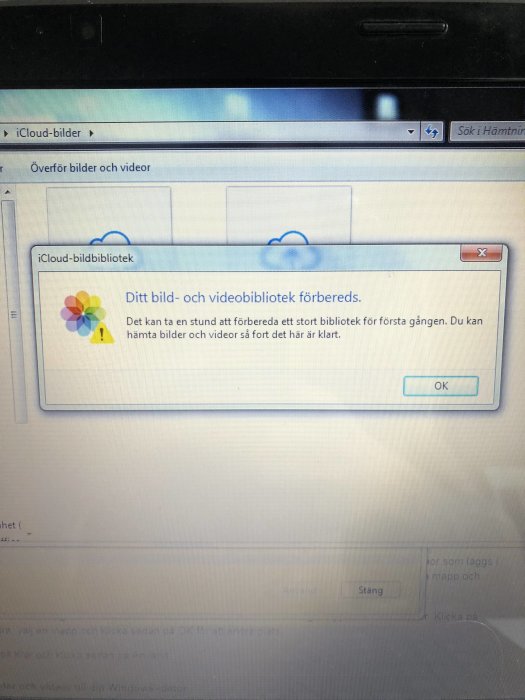 Skärmdump av iCloud-bilder med dialogruta som visar meddelandet "Ditt bild- och videobibliotek förbereds".