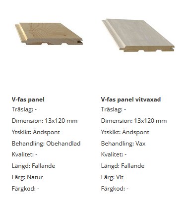 Två olika V-fasade takpaneler, en obehandlad i naturlig träfärg och en vitvaxad, båda med synliga dimensioner och detaljer.