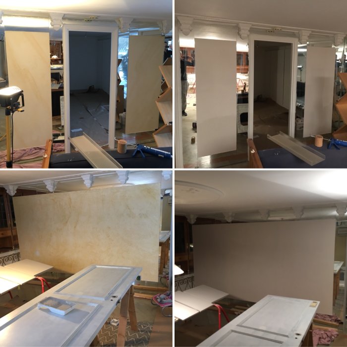 Collage av renoveringsprocessen: målning av väggar, dörrar och element i olika stadier av renovering.