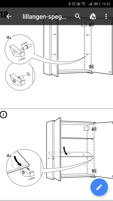 Illustration av monteringsanvisning för Lillången spegelskåp med fokus på del nr 113950.